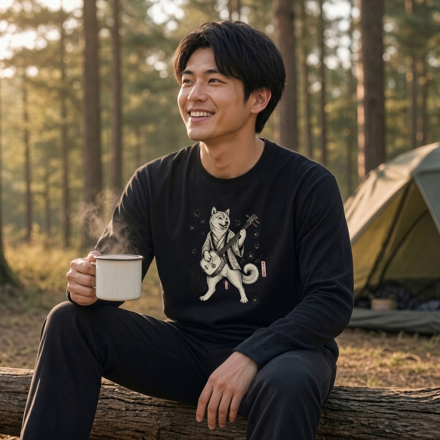 SHIBA SHAMISEN | レトロ 浮世絵調 柴犬 伝統和柄 グラフィック 長袖Tシャツ【犬雑貨・普段着・ストリート和柄・ユニセックス・ギフトに最適】