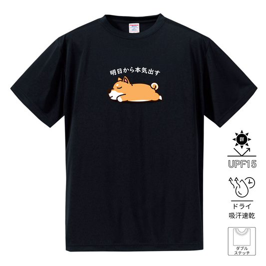 犬tシャツ ドライTシャツ シルキータッチTシャツ いぬ 犬イラスト おもしろ tシャツ 柴犬 明日から本気出す/来月下旬から本気出す