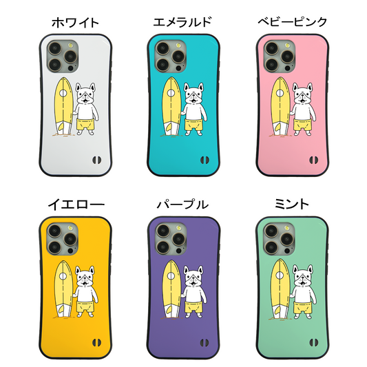 ケース いぬ 犬 イラスト フレンチ・ブルドッグ サーフボード×フレブル ケース iPhone8, SE2, SE3 ~ ケース iPhone17シリーズ