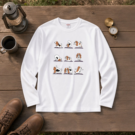 YOGA BEAGLE 手描き風 バセットハウンド ストレッチ かわいい グラフィック 長袖Tシャツ【ペット愛好家・部屋着・ルームウェア・ギフトに最適】