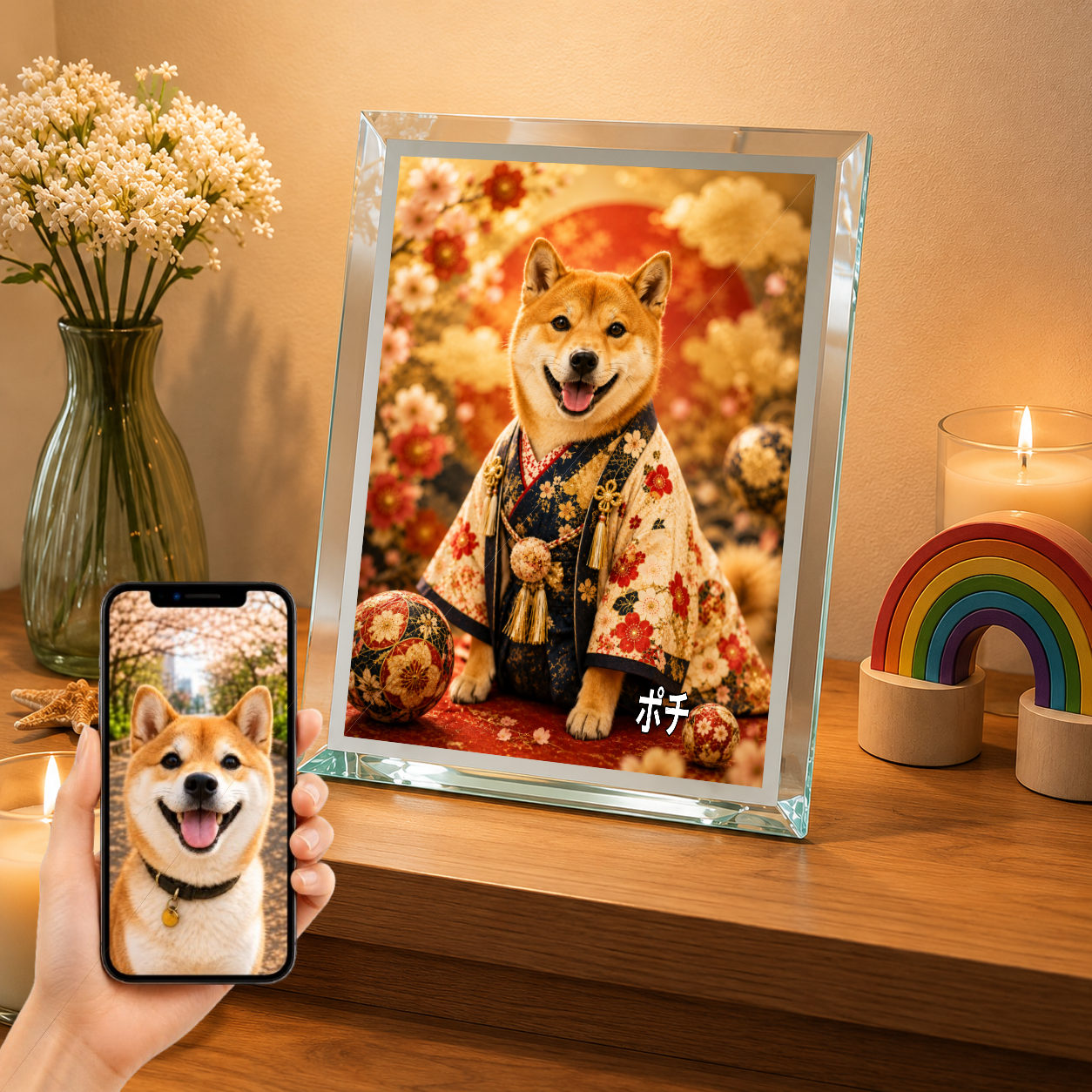 愛犬 写真入り 名入れ ガラスフォトパネル 豪華和装 月夜金彩 うちの子アート