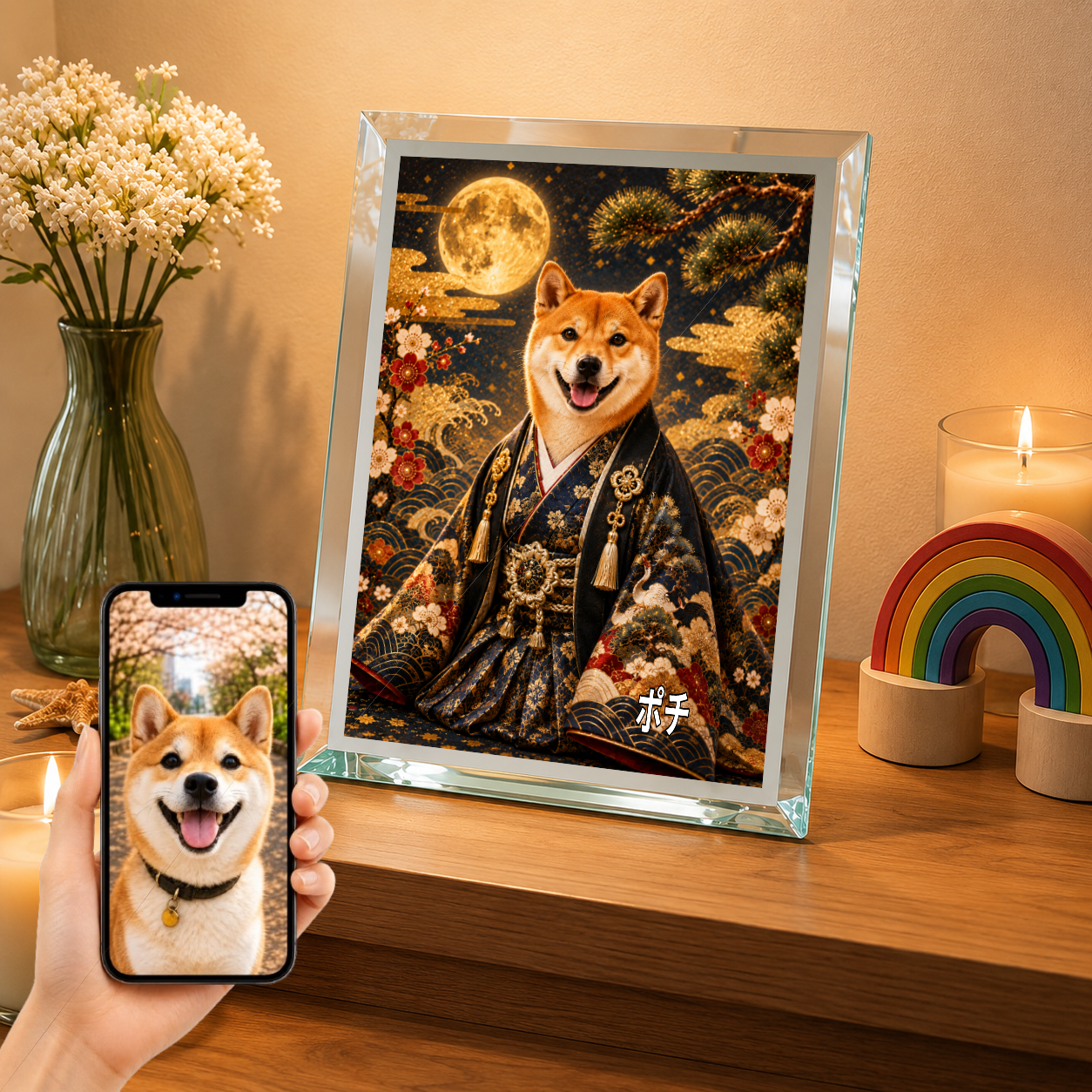 愛犬 写真入り 名入れ ガラスフォトパネル 晴れ着 金屏風 うちの子ギフト