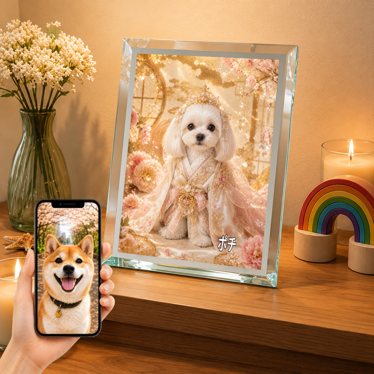 愛犬 写真入り 名入れ ガラスフォトパネル 姫さま犬 プリンセス風