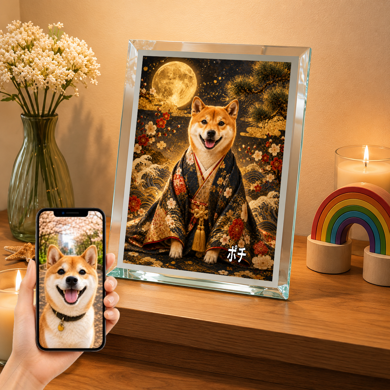 愛犬 写真入り 名入れ ガラスフォトパネル 侍風 黒紺金彩 うちの子アート