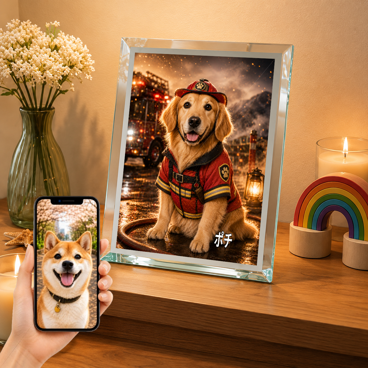 愛犬 写真入り 名入れ ガラスフォトパネル レスキューヒーロー犬
