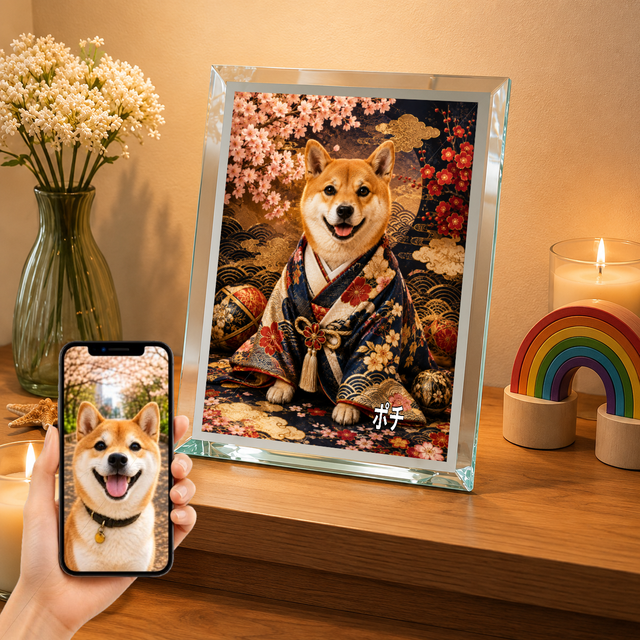 愛犬 写真入り 名入れ ガラスフォトパネル 豪華和装犬 高級うちの子アート