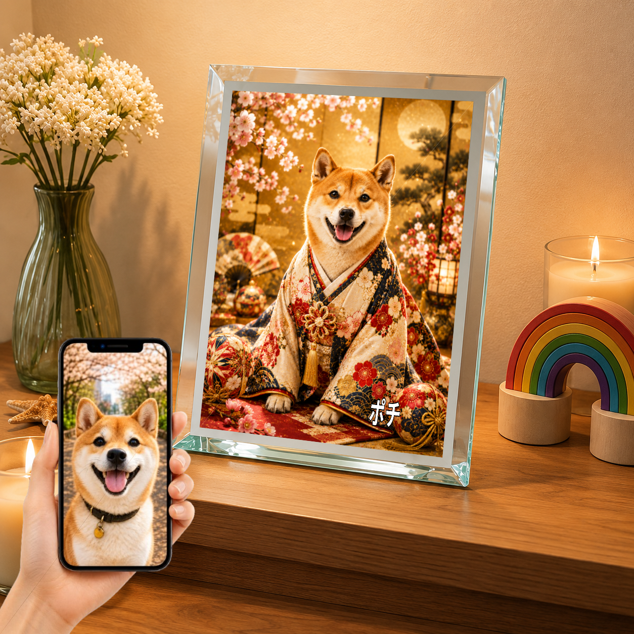 愛犬 写真入り 名入れ ガラスフォトパネル 桜と毬 華やか和装アート