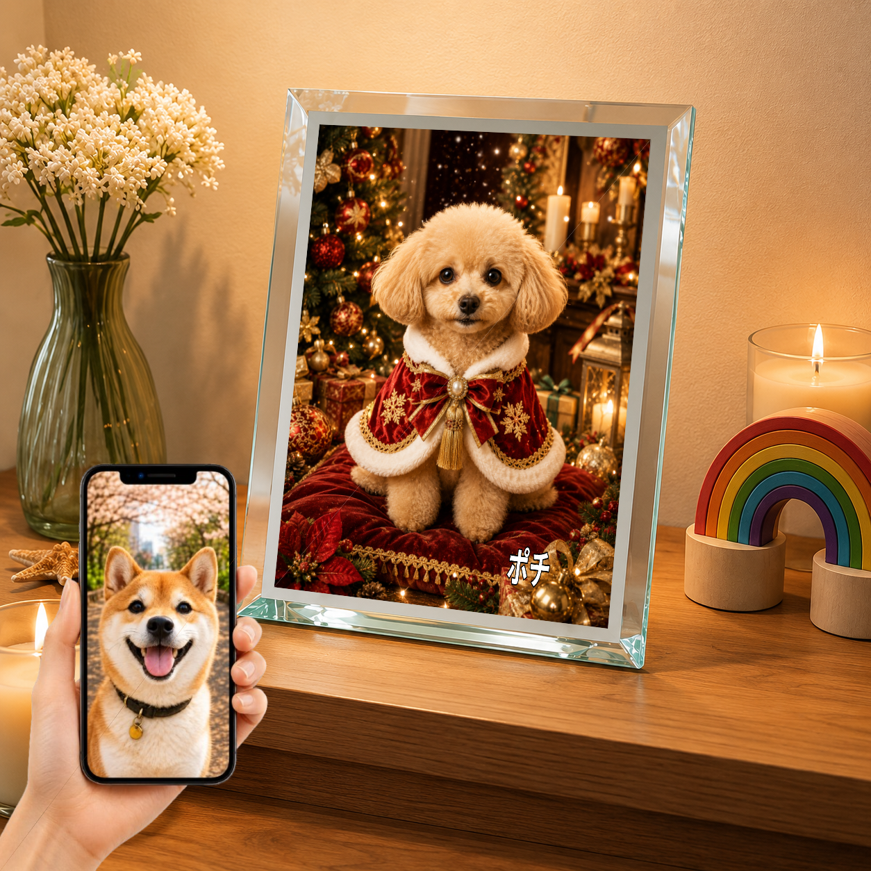 愛犬 写真入り 名入れ ガラスフォトパネル クリスマス王子犬