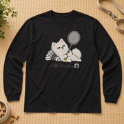 Badminton Spitz V1 | 一回やったし。 バドミントン 犬 おもしろ 日本スピッツ 長袖Tシャツ | フロントのみプリント
