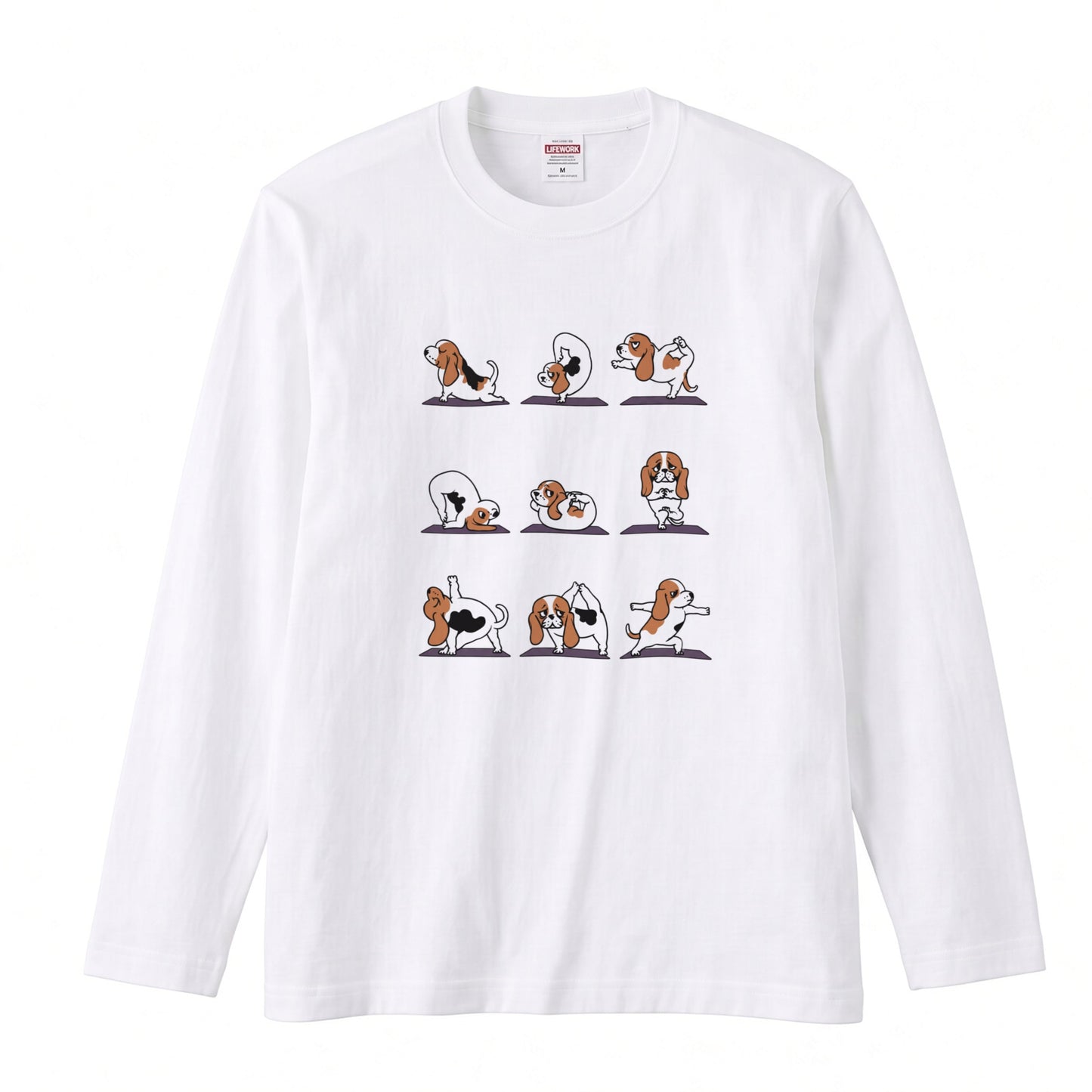 YOGA BEAGLE 手描き風 バセットハウンド ストレッチ かわいい グラフィック 長袖Tシャツ【ペット愛好家・部屋着・ルームウェア・ギフトに最適】