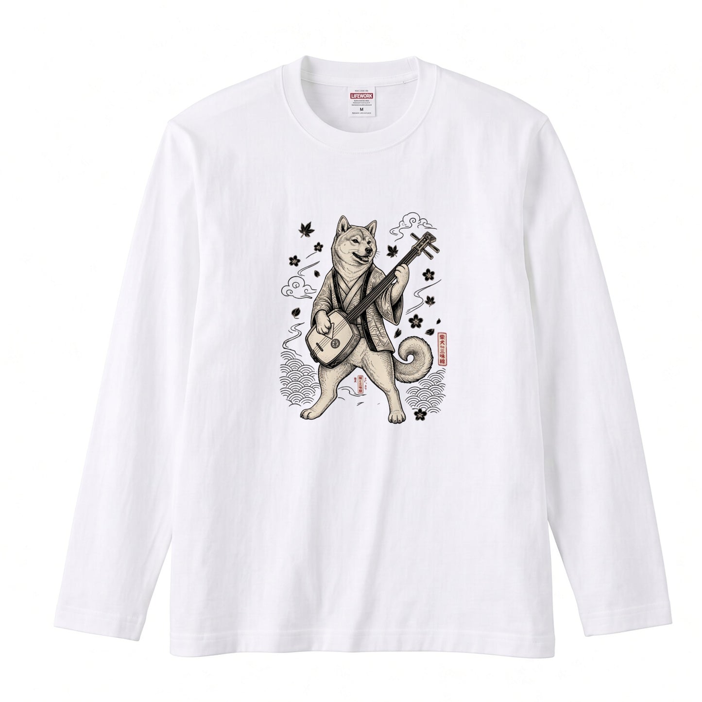 SHIBA SHAMISEN | レトロ 浮世絵調 柴犬 伝統和柄 グラフィック 長袖Tシャツ【犬雑貨・普段着・ストリート和柄・ユニセックス・ギフトに最適】