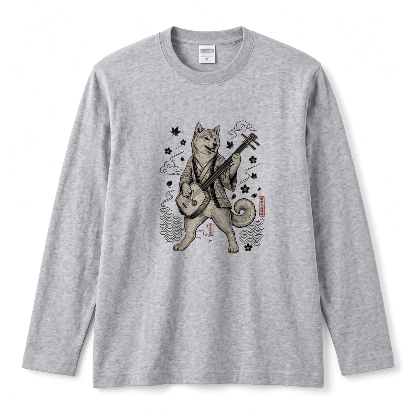 SHIBA SHAMISEN | レトロ 浮世絵調 柴犬 伝統和柄 グラフィック 長袖Tシャツ【犬雑貨・普段着・ストリート和柄・ユニセックス・ギフトに最適】