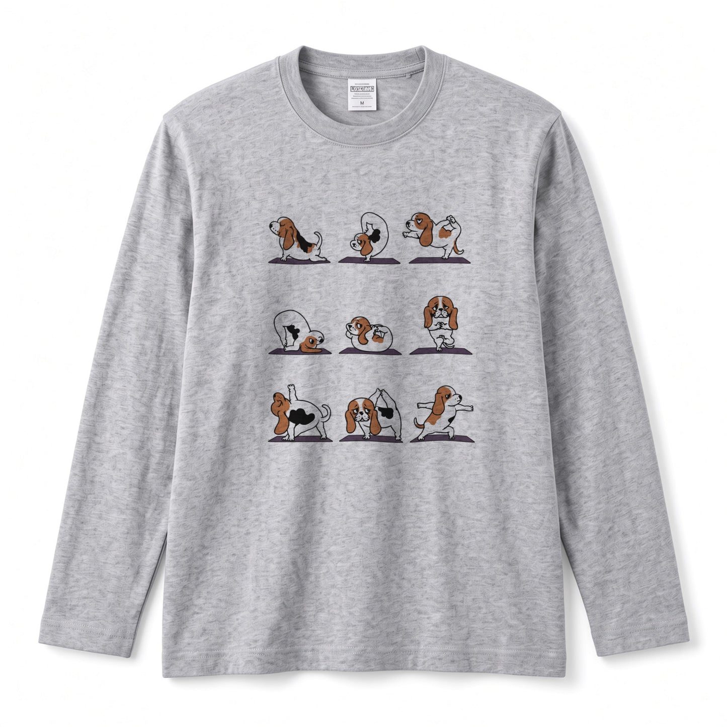 YOGA BEAGLE 手描き風 バセットハウンド ストレッチ かわいい グラフィック 長袖Tシャツ【ペット愛好家・部屋着・ルームウェア・ギフトに最適】