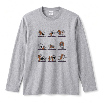 YOGA BEAGLE 手描き風 バセットハウンド ストレッチ かわいい グラフィック 長袖Tシャツ【ペット愛好家・部屋着・ルームウェア・ギフトに最適】