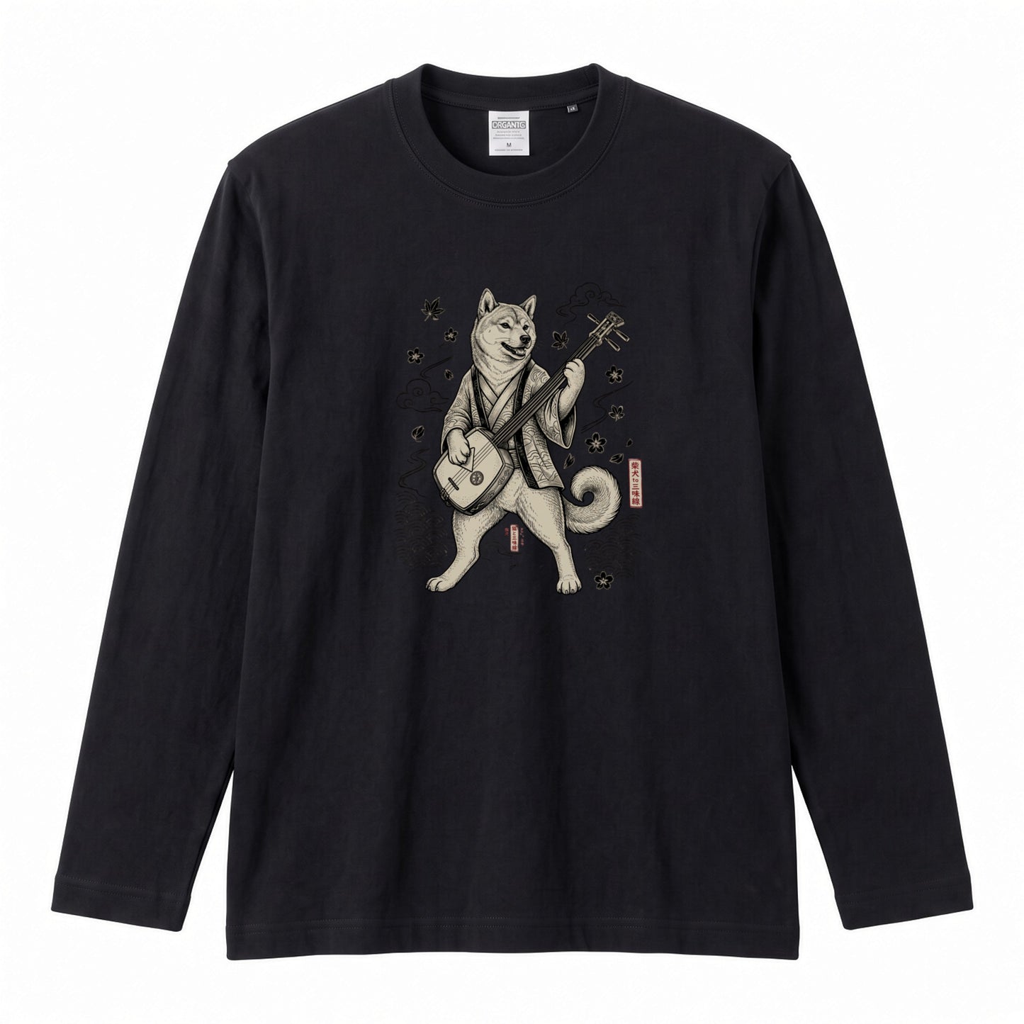 SHIBA SHAMISEN | レトロ 浮世絵調 柴犬 伝統和柄 グラフィック 長袖Tシャツ【犬雑貨・普段着・ストリート和柄・ユニセックス・ギフトに最適】