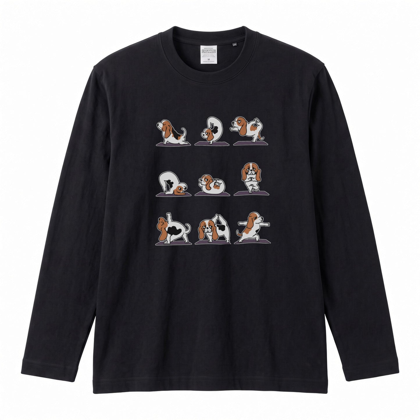 YOGA BEAGLE 手描き風 バセットハウンド ストレッチ かわいい グラフィック 長袖Tシャツ【ペット愛好家・部屋着・ルームウェア・ギフトに最適】
