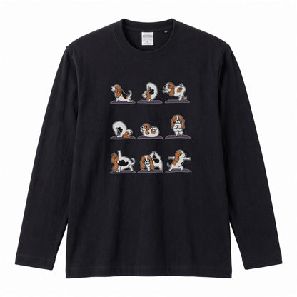 YOGA BEAGLE 手描き風 バセットハウンド ストレッチ かわいい グラフィック 長袖Tシャツ【ペット愛好家・部屋着・ルームウェア・ギフトに最適】