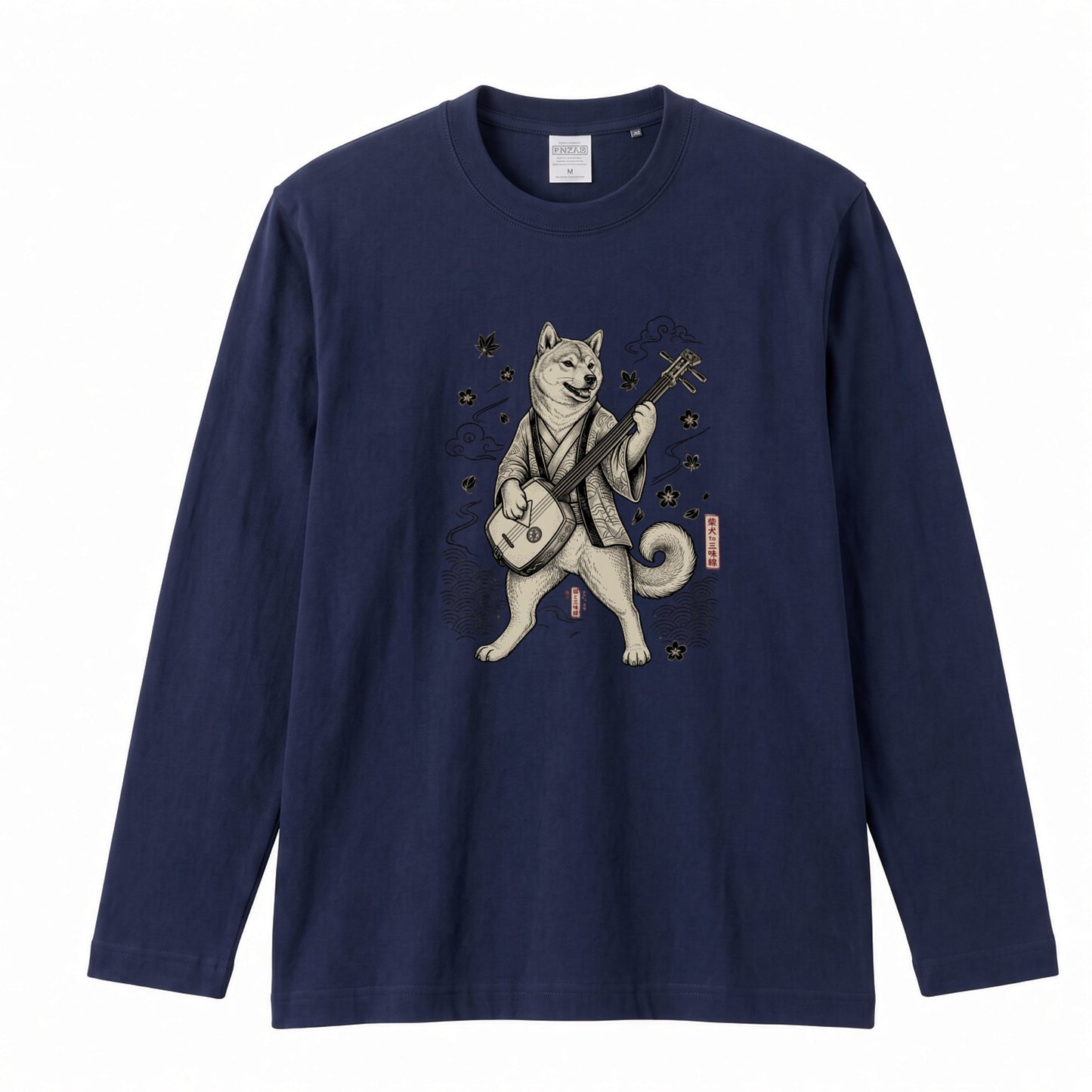 SHIBA SHAMISEN | レトロ 浮世絵調 柴犬 伝統和柄 グラフィック 長袖Tシャツ【犬雑貨・普段着・ストリート和柄・ユニセックス・ギフトに最適】