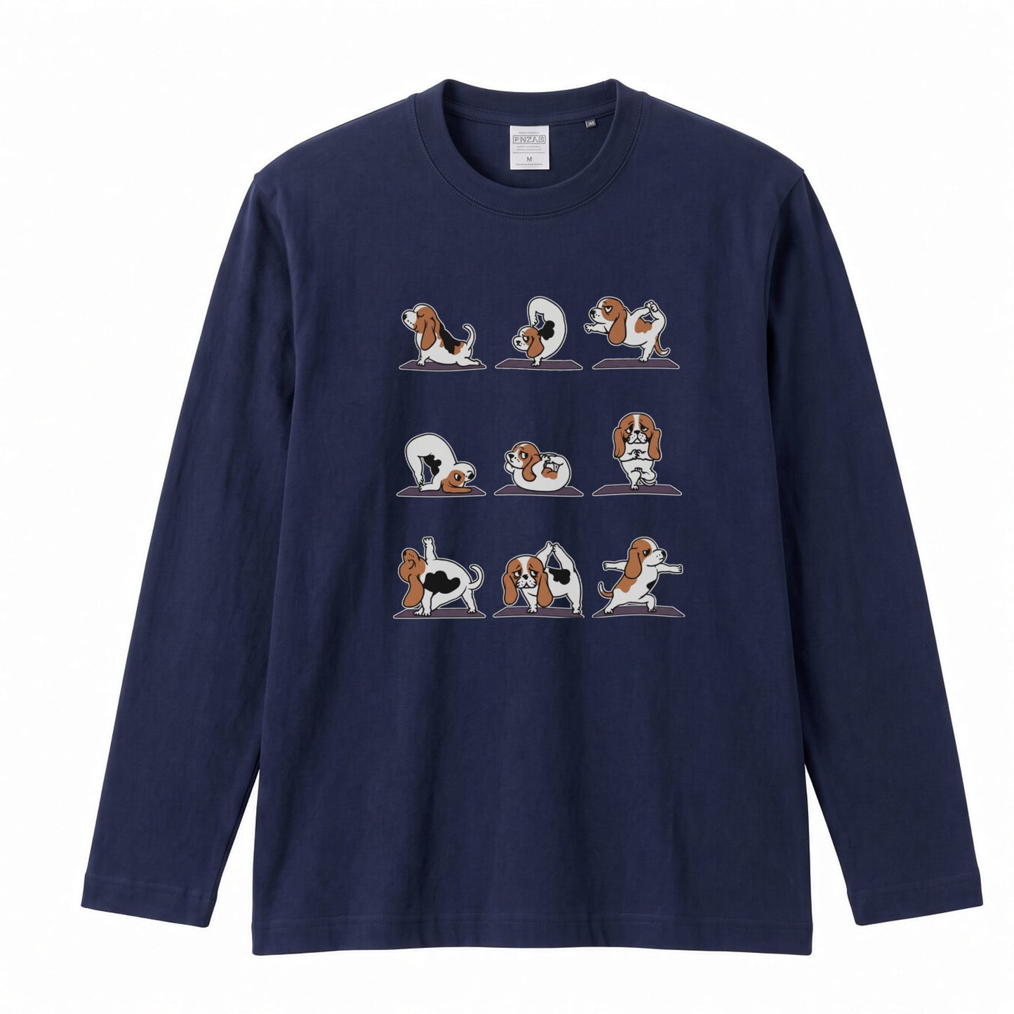 YOGA BEAGLE 手描き風 バセットハウンド ストレッチ かわいい グラフィック 長袖Tシャツ【ペット愛好家・部屋着・ルームウェア・ギフトに最適】