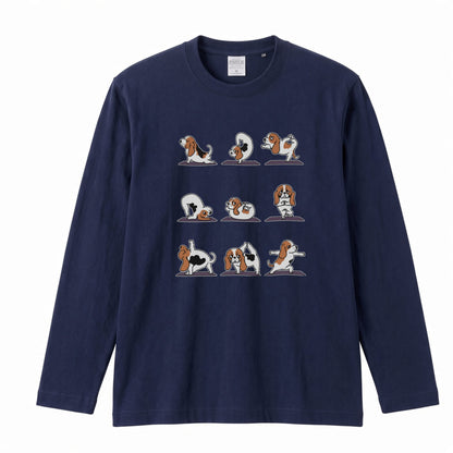 YOGA BEAGLE 手描き風 バセットハウンド ストレッチ かわいい グラフィック 長袖Tシャツ【ペット愛好家・部屋着・ルームウェア・ギフトに最適】