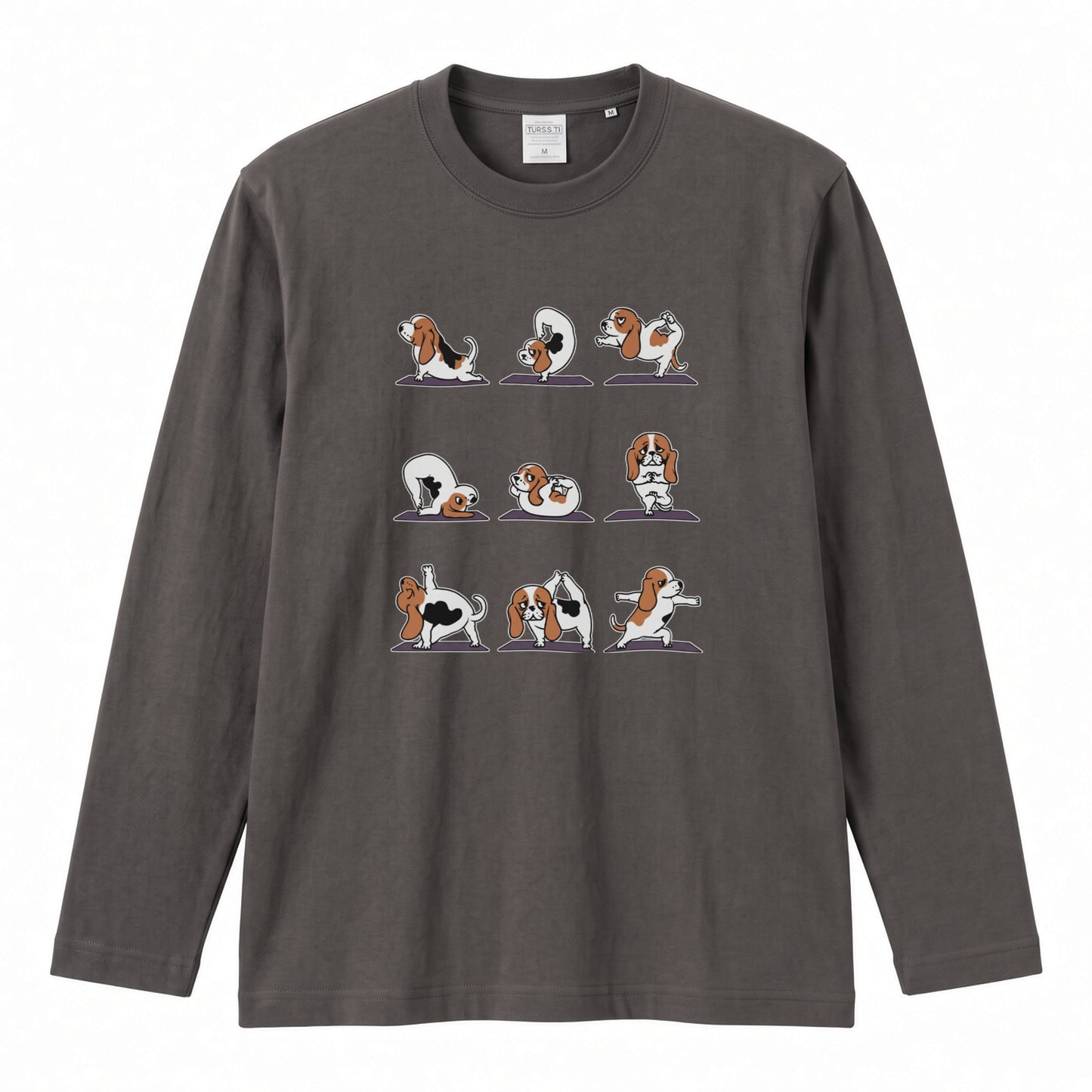 YOGA BEAGLE 手描き風 バセットハウンド ストレッチ かわいい グラフィック 長袖Tシャツ【ペット愛好家・部屋着・ルームウェア・ギフトに最適】