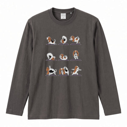 YOGA BEAGLE 手描き風 バセットハウンド ストレッチ かわいい グラフィック 長袖Tシャツ【ペット愛好家・部屋着・ルームウェア・ギフトに最適】