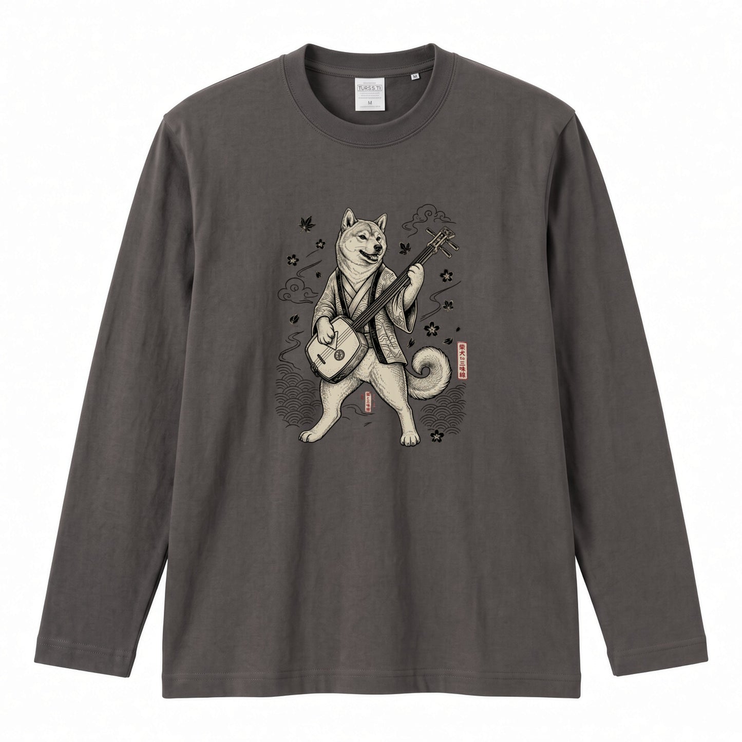 SHIBA SHAMISEN | レトロ 浮世絵調 柴犬 伝統和柄 グラフィック 長袖Tシャツ【犬雑貨・普段着・ストリート和柄・ユニセックス・ギフトに最適】