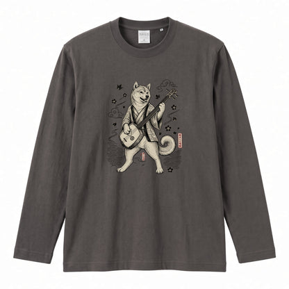 SHIBA SHAMISEN | レトロ 浮世絵調 柴犬 伝統和柄 グラフィック 長袖Tシャツ【犬雑貨・普段着・ストリート和柄・ユニセックス・ギフトに最適】
