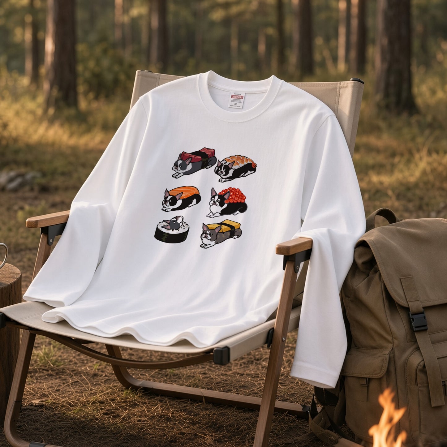 SUSHI DOG | 手描き風 ボストンテリア すしネタ かわいい グラフィック 長袖Tシャツ【犬雑貨・普段着・部屋着・ユニセックス・ギフトに最適】
