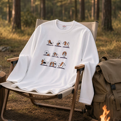 YOGA BEAGLE 手描き風 バセットハウンド ストレッチ かわいい グラフィック 長袖Tシャツ【ペット愛好家・部屋着・ルームウェア・ギフトに最適】