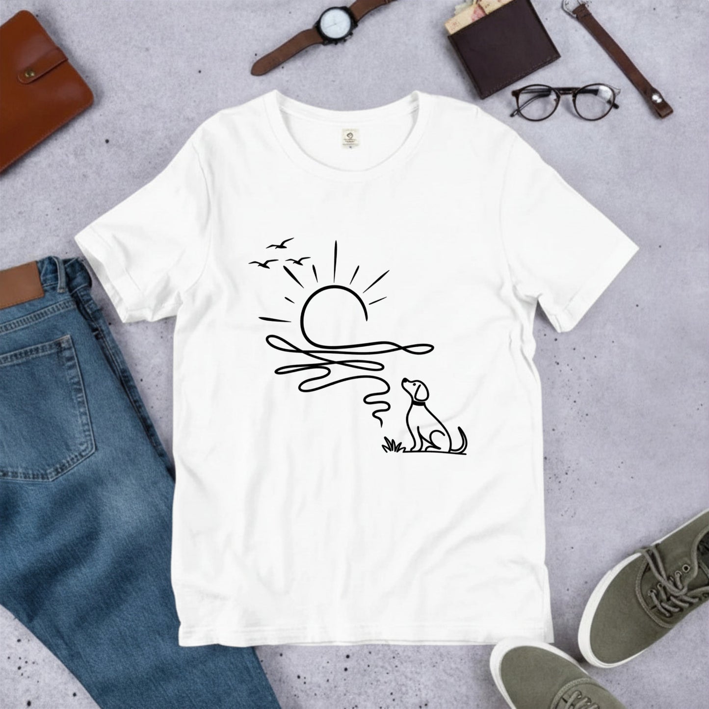 朝日と犬の線画 犬Tシャツ | アウトドア・犬好きに人気