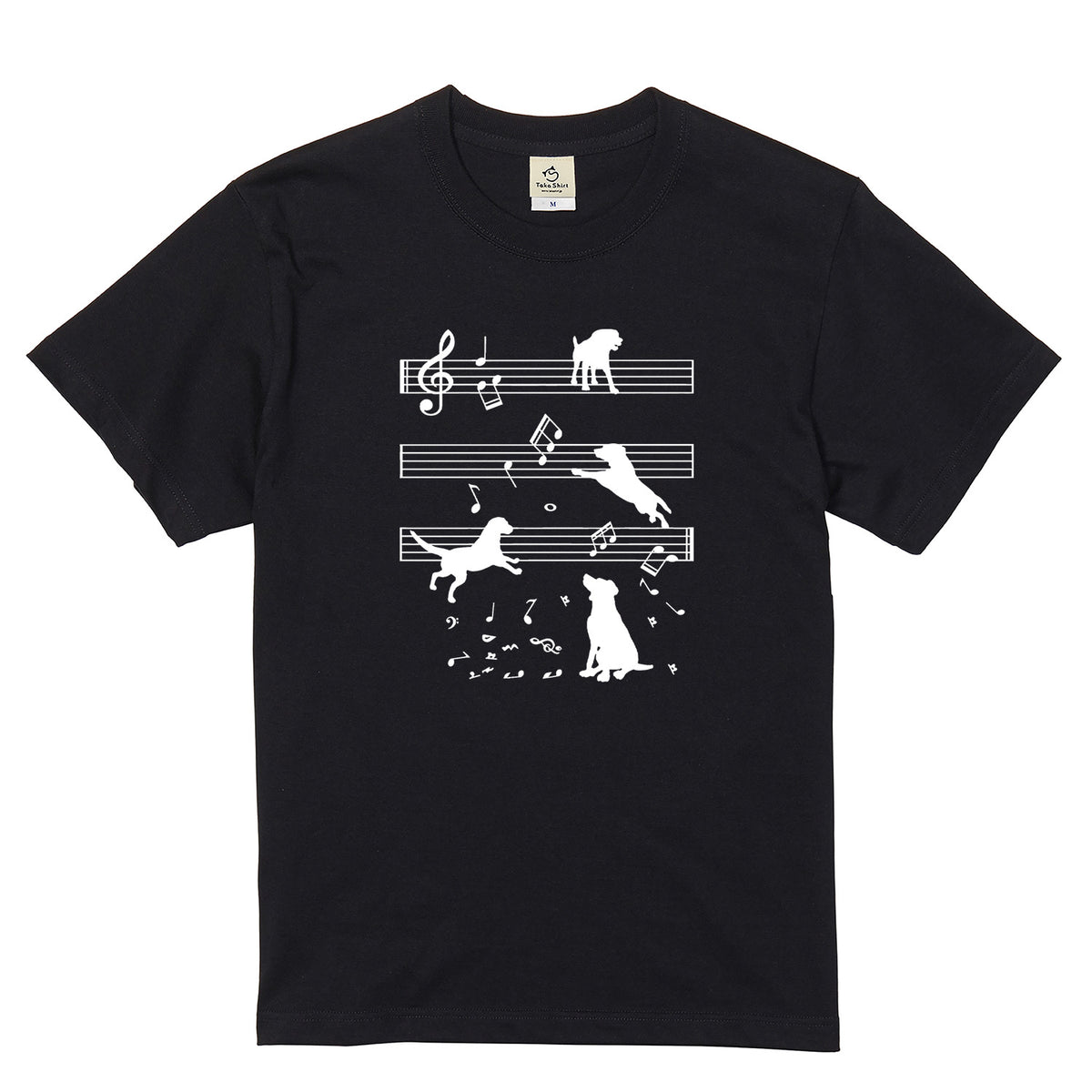 音符と踊る犬 犬Tシャツ | 音楽好き・犬好きに人気
