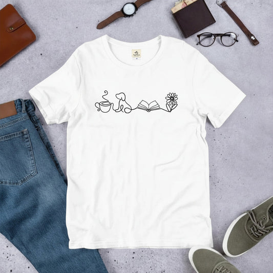 一筆書きコーヒー・犬・本・花 犬Tシャツ | 読書・カフェ好きに人気