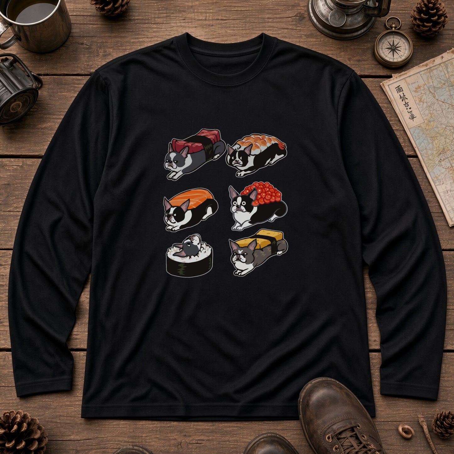 SUSHI DOG | 手描き風 ボストンテリア すしネタ かわいい グラフィック 長袖Tシャツ【犬雑貨・普段着・部屋着・ユニセックス・ギフトに最適】