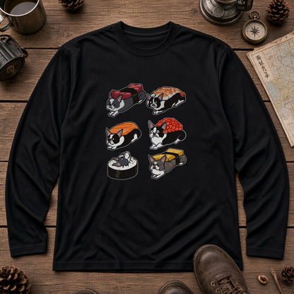 SUSHI DOG | 手描き風 ボストンテリア すしネタ かわいい グラフィック 長袖Tシャツ【犬雑貨・普段着・部屋着・ユニセックス・ギフトに最適】