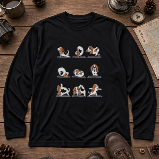 YOGA BEAGLE 手描き風 バセットハウンド ストレッチ かわいい グラフィック 長袖Tシャツ【ペット愛好家・部屋着・ルームウェア・ギフトに最適】