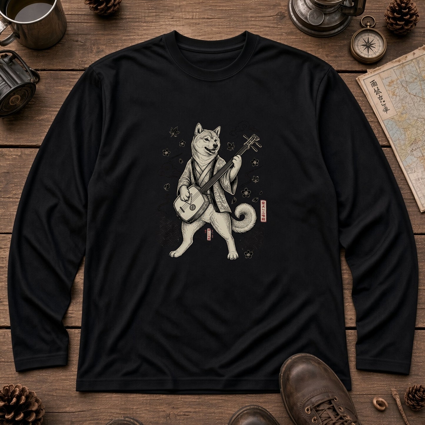 SHIBA SHAMISEN | レトロ 浮世絵調 柴犬 伝統和柄 グラフィック 長袖Tシャツ【犬雑貨・普段着・ストリート和柄・ユニセックス・ギフトに最適】