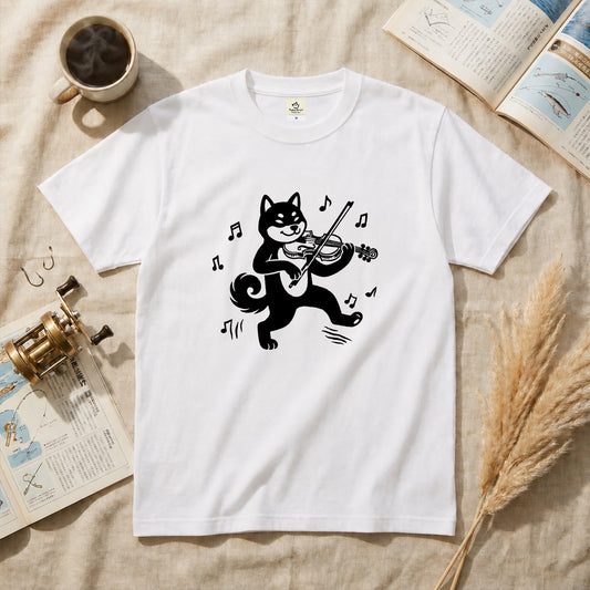 黒柴 ヴァイオリン Tシャツ ｜ 柴犬・犬好き・音楽好きに人気