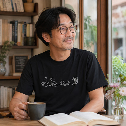 一筆書きコーヒー・犬・本・花 犬Tシャツ | 読書・カフェ好きに人気