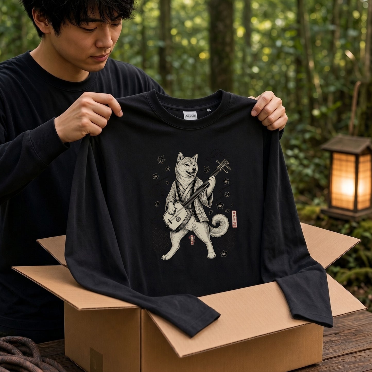 SHIBA SHAMISEN | レトロ 浮世絵調 柴犬 伝統和柄 グラフィック 長袖Tシャツ【犬雑貨・普段着・ストリート和柄・ユニセックス・ギフトに最適】