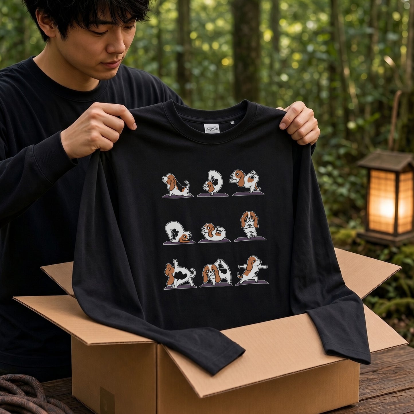 YOGA BEAGLE 手描き風 バセットハウンド ストレッチ かわいい グラフィック 長袖Tシャツ【ペット愛好家・部屋着・ルームウェア・ギフトに最適】