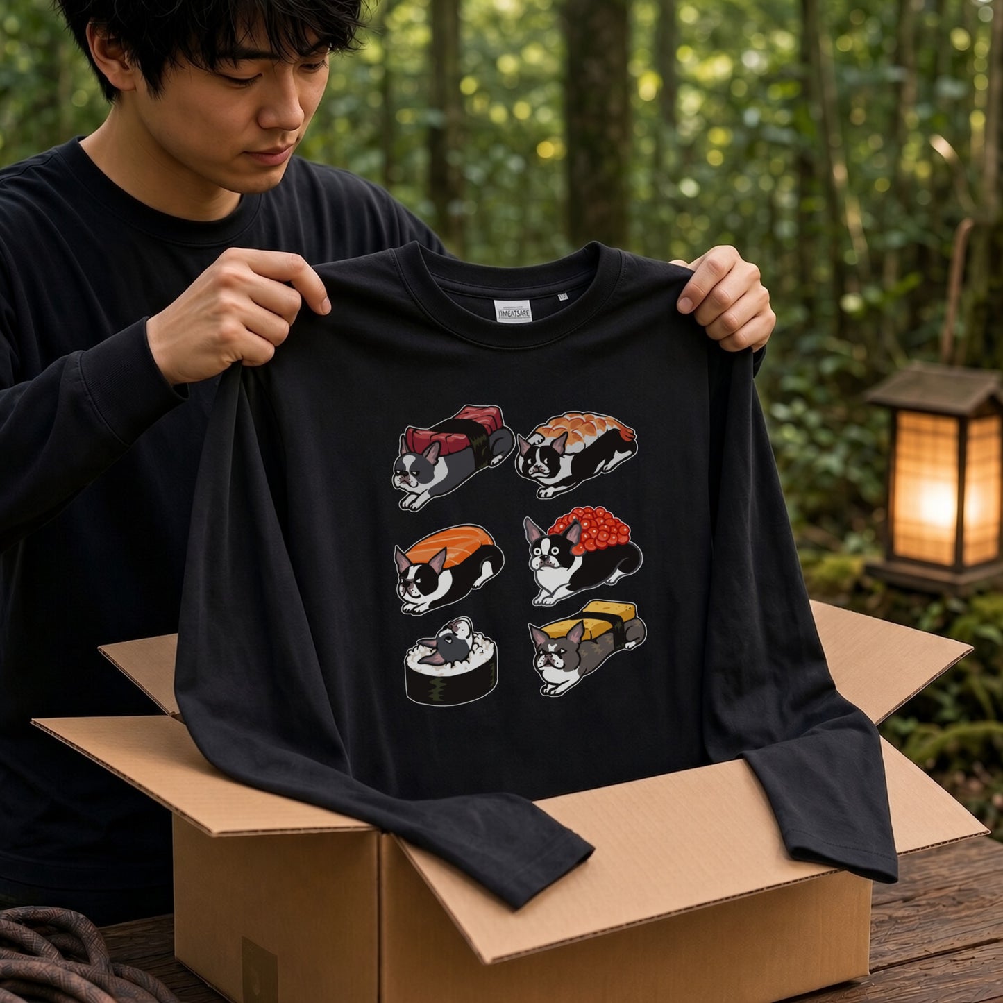 SUSHI DOG | 手描き風 ボストンテリア すしネタ かわいい グラフィック 長袖Tシャツ【犬雑貨・普段着・部屋着・ユニセックス・ギフトに最適】
