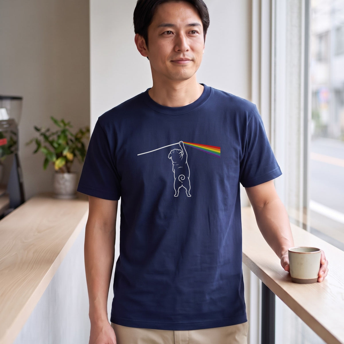 光のプリズムとパグ グラフィックTシャツ