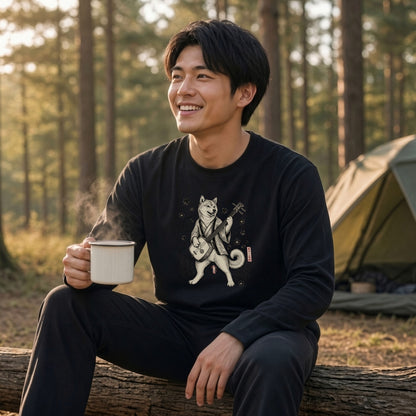 SHIBA SHAMISEN | レトロ 浮世絵調 柴犬 伝統和柄 グラフィック 長袖Tシャツ【犬雑貨・普段着・ストリート和柄・ユニセックス・ギフトに最適】
