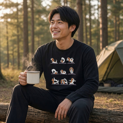 YOGA BEAGLE 手描き風 バセットハウンド ストレッチ かわいい グラフィック 長袖Tシャツ【ペット愛好家・部屋着・ルームウェア・ギフトに最適】