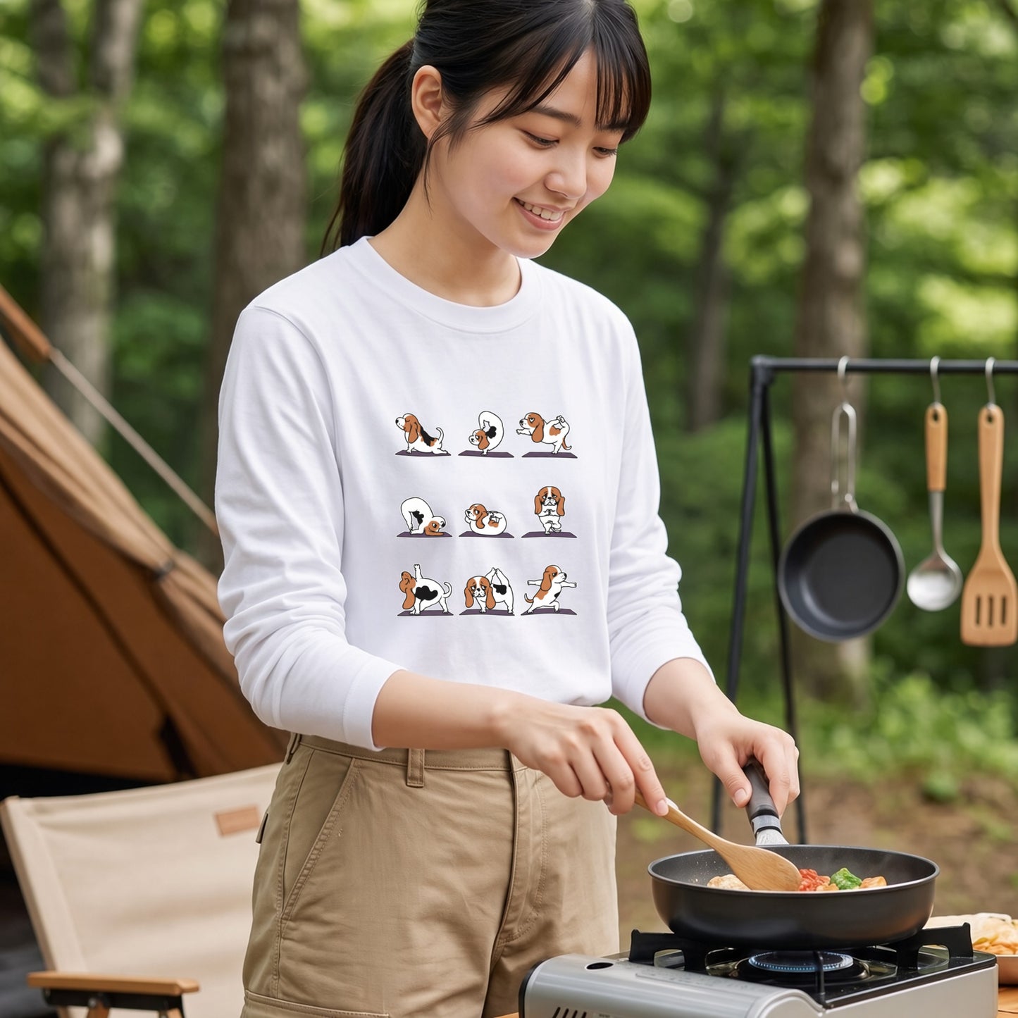 YOGA BEAGLE 手描き風 バセットハウンド ストレッチ かわいい グラフィック 長袖Tシャツ【ペット愛好家・部屋着・ルームウェア・ギフトに最適】