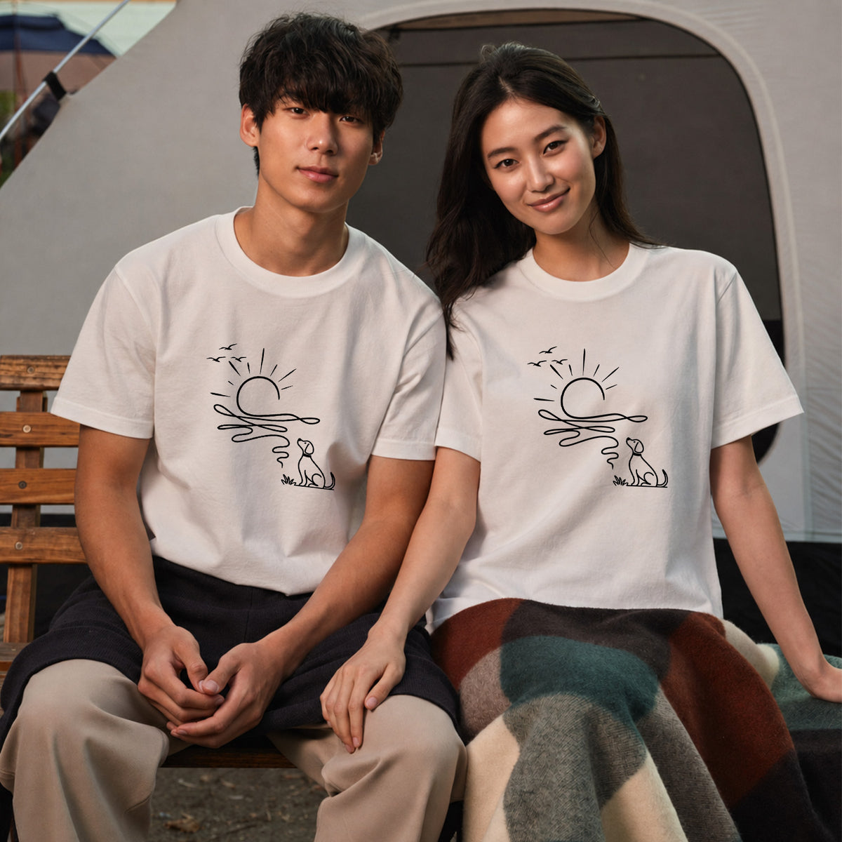 朝日と犬の線画 犬Tシャツ | アウトドア・犬好きに人気