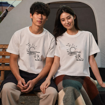 朝日と犬の線画 犬Tシャツ | アウトドア・犬好きに人気