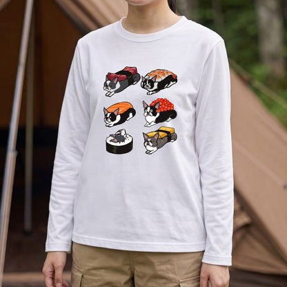 SUSHI DOG | 手描き風 ボストンテリア すしネタ かわいい グラフィック 長袖Tシャツ【犬雑貨・普段着・部屋着・ユニセックス・ギフトに最適】