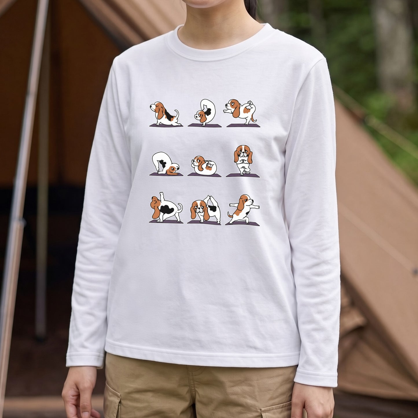 YOGA BEAGLE 手描き風 バセットハウンド ストレッチ かわいい グラフィック 長袖Tシャツ【ペット愛好家・部屋着・ルームウェア・ギフトに最適】